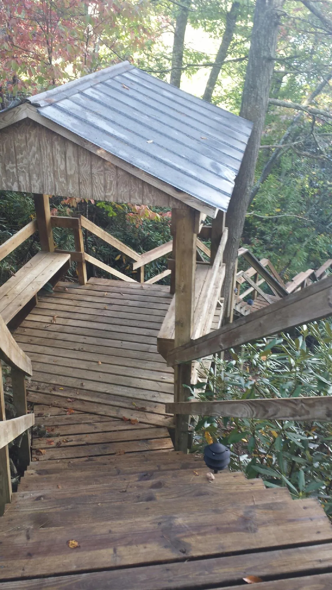 Metal roofed shelter over wooden steps on a wooded walkway — Skylight Repair & Installation work by our crew in Garner